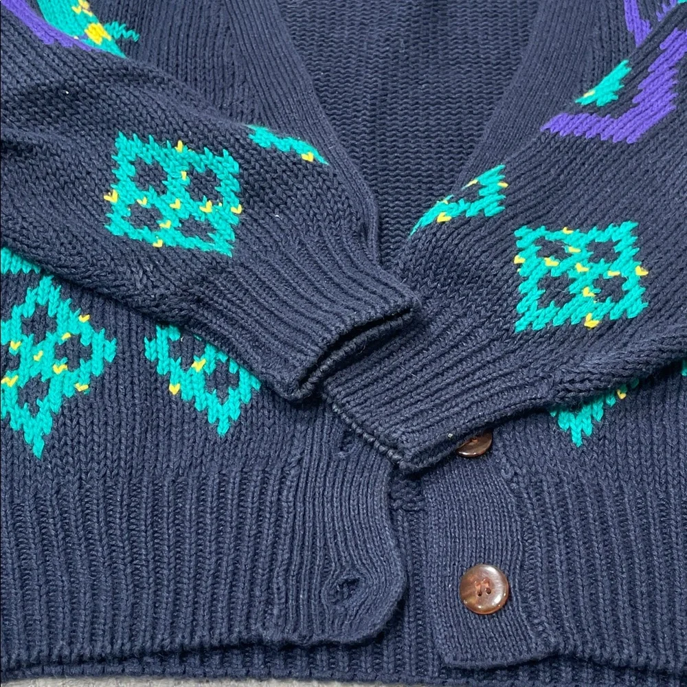 Vintage 90’s V-Neck Sweater Button up Cardigan Navy Teal Purple Size Small - Picture 12 of 15